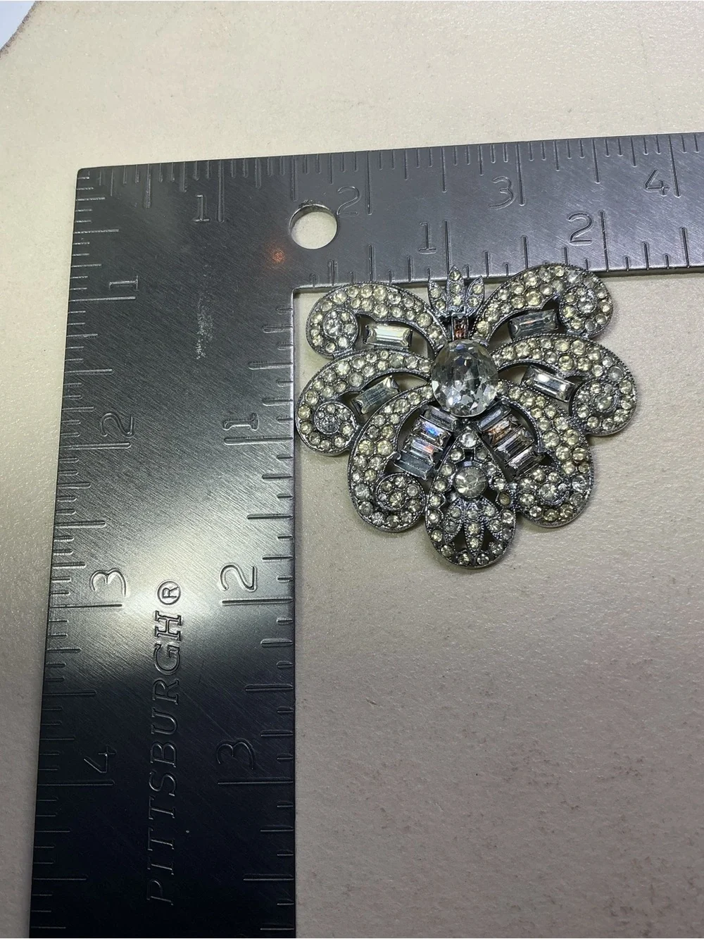 Vintage Art Deco Czech Signed Dress Clip Silver Tone Pot Metal Paste Rhinestones